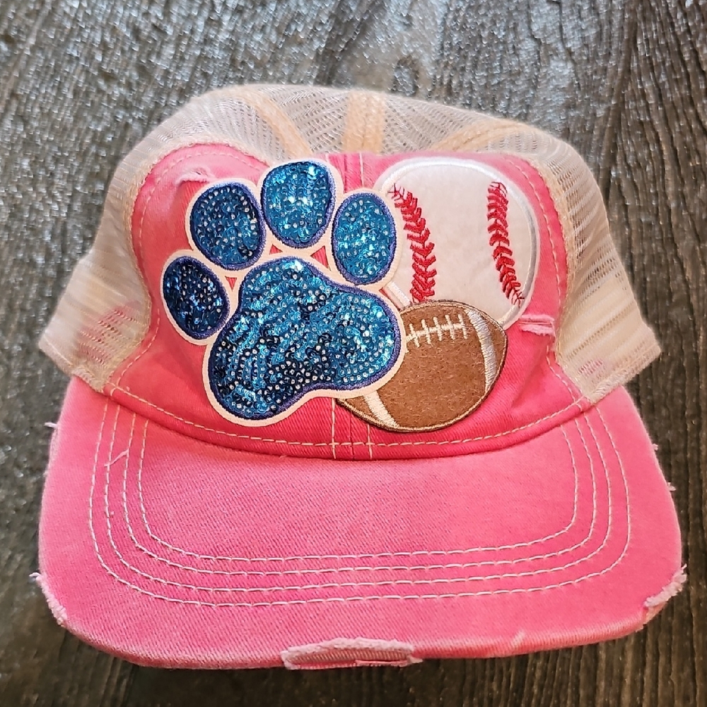 Pink Kids Baseball Cap with Blue Paw Print
